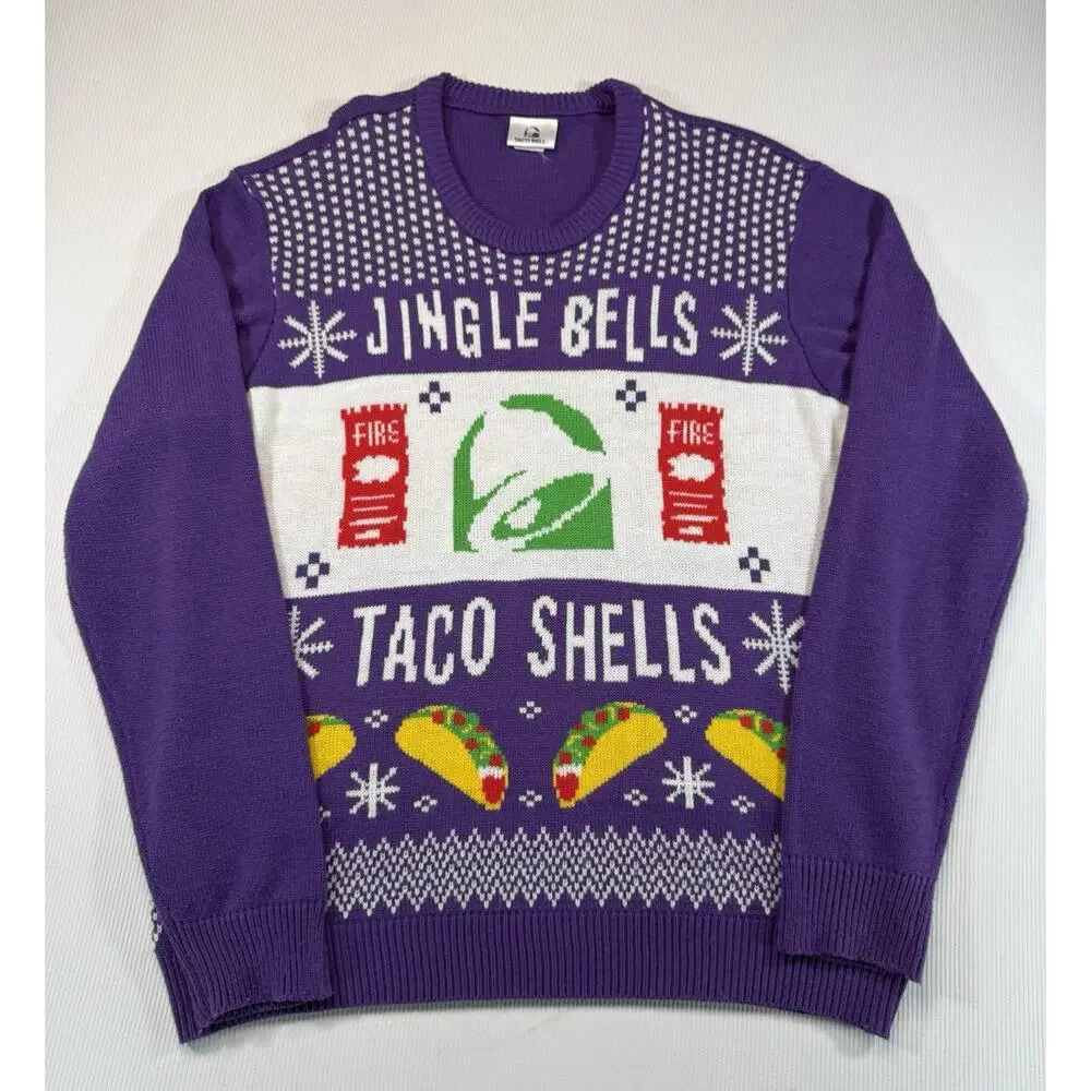Taco Bell Ugly Christmas Sweater Mens XL Jingle Bells Taco Shells Purple